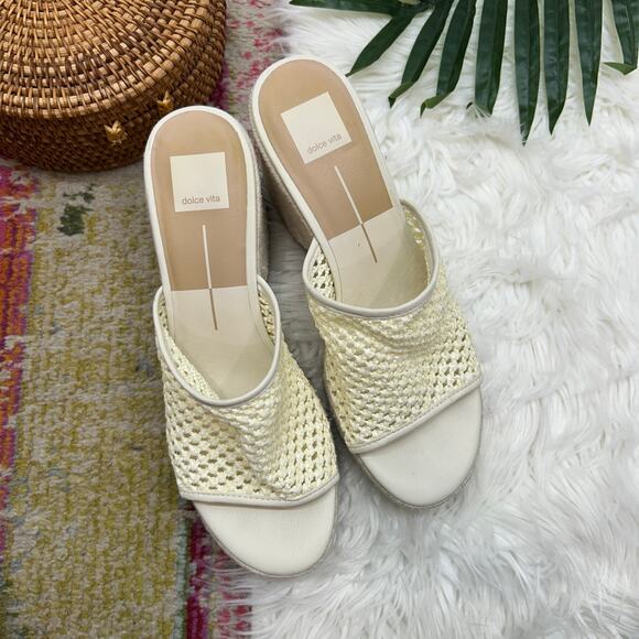 Dolce Vita Neutral White Raffia Chunky Platform Slide Sandal 9.5 Boho Vacation - Picture 2 of 9